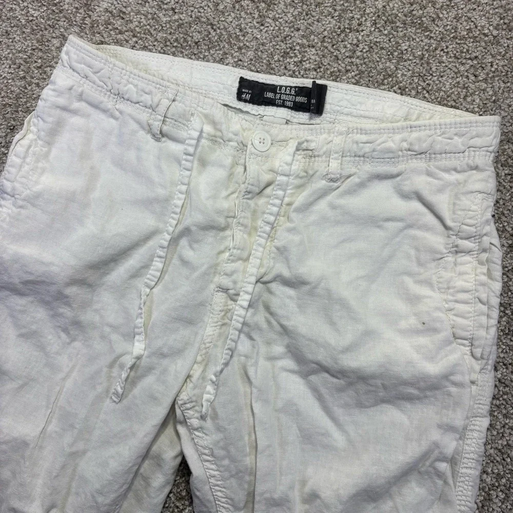 H&M L.O.G.G. Pants Womens 31 White Linen Blend Chino Drawstring Hem Summer
